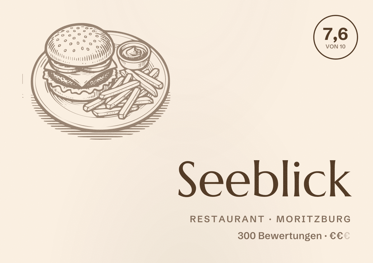 Illustriertes Poster von Seeblick, Restaurant in Moritzburg: Bewertung 7,6 von 10 aus 300 Bewertungen, Preisniveau €€