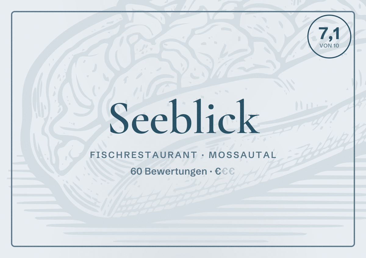 Illustriertes Poster von Seeblick, Fischrestaurant in Mossautal: Bewertung 7,1 von 10 aus 60 Bewertungen, Preisniveau €