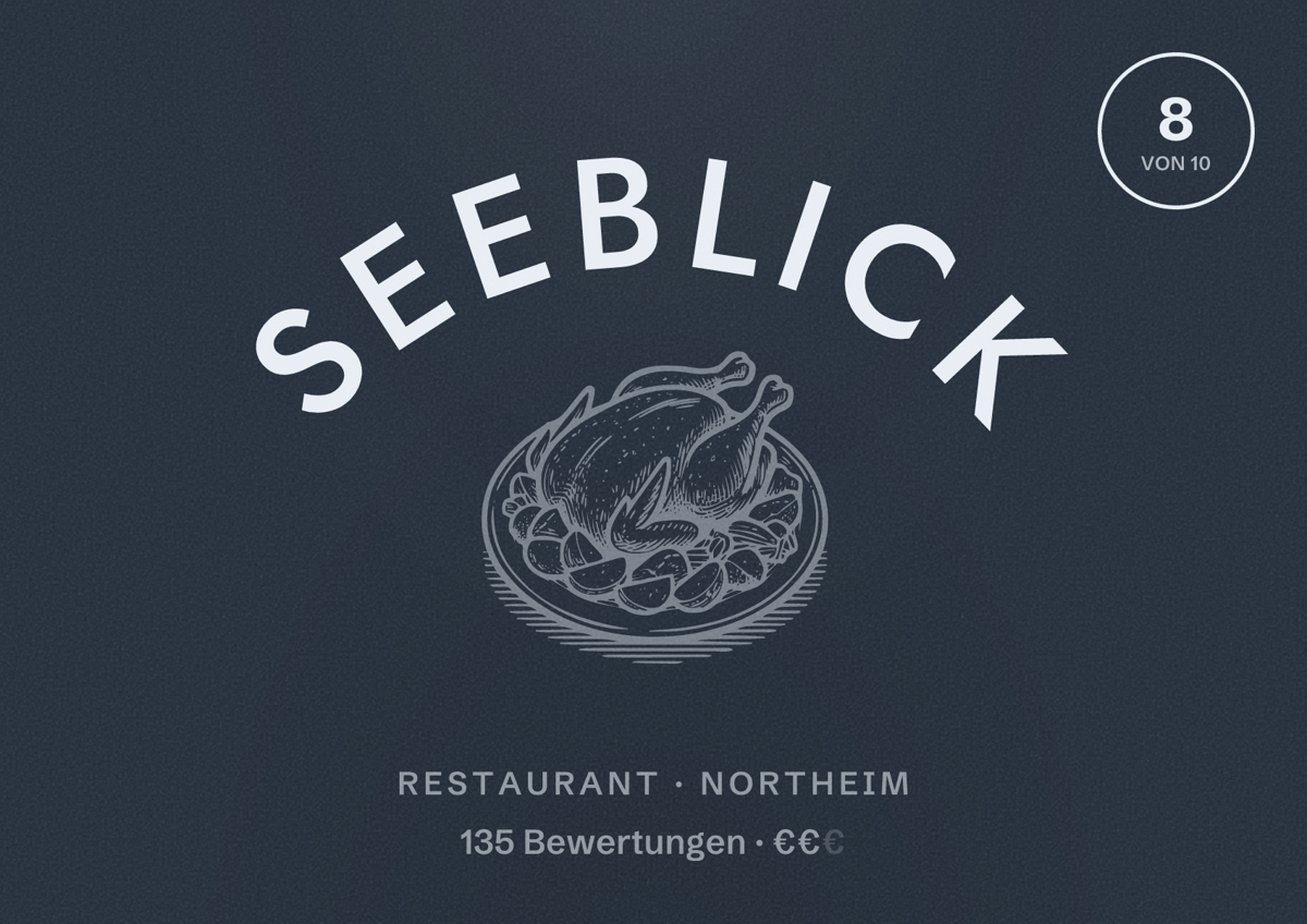 Illustriertes Poster von Seeblick, Restaurant in Northeim: Bewertung 8 von 10 aus 135 Bewertungen, Preisniveau €€
