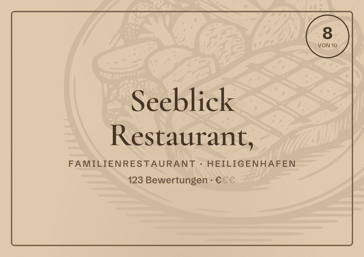 Illustriertes Poster von Seeblick Restaurant,, Familienrestaurant in Heiligenhafen: Bewertung 8 von 10 aus 123 Bewertungen, Preisniveau €