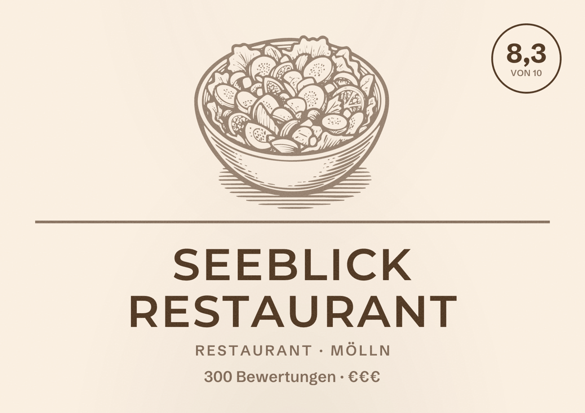Illustriertes Poster von Seeblick Restaurant, Restaurant in Mölln: Bewertung 8,3 von 10 aus 300 Bewertungen, Preisniveau €€€
