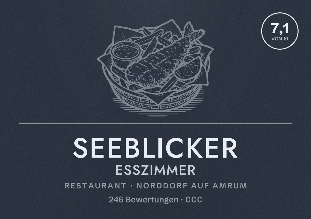 Illustriertes Poster von Seeblicker Esszimmer, Restaurant in Norddorf auf Amrum: Bewertung 7,1 von 10 aus 246 Bewertungen, Preisniveau €€€