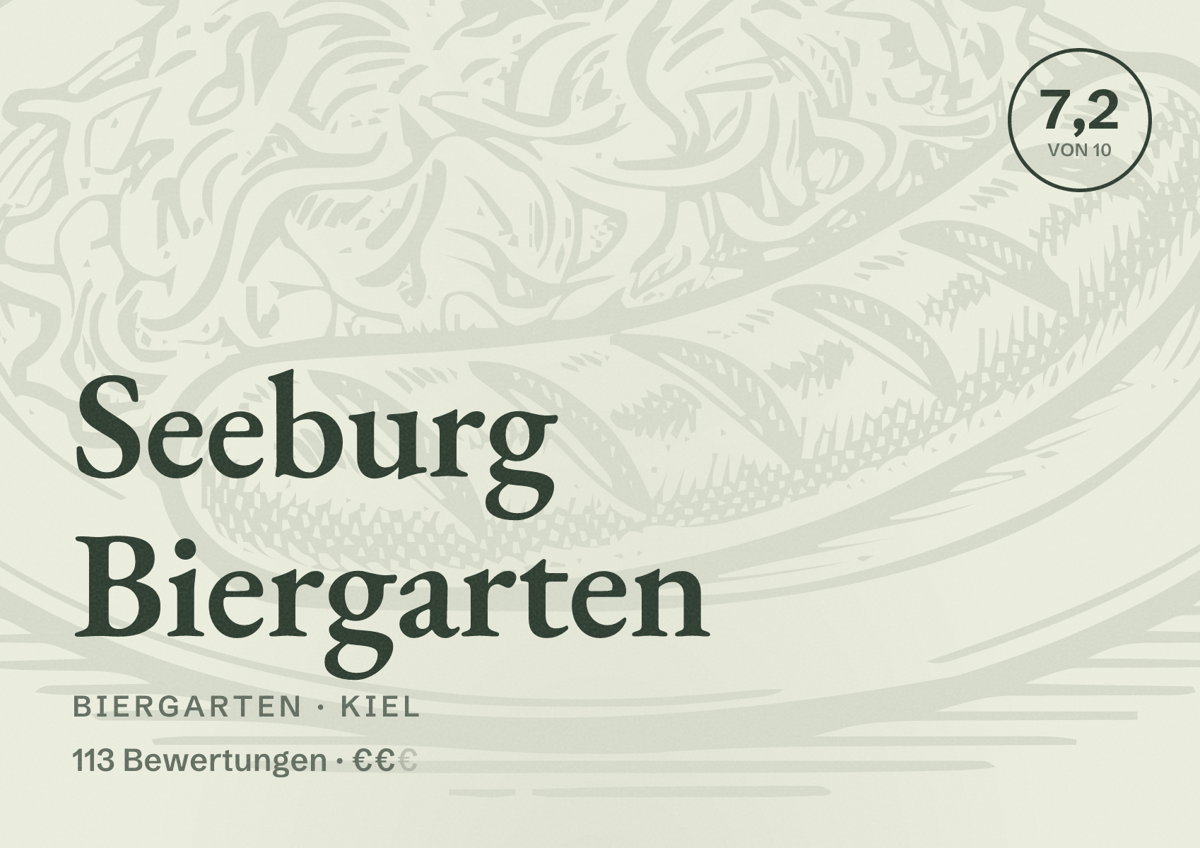 Illustriertes Poster von Seeburg Biergarten, Biergarten in Kiel: Bewertung 7,2 von 10 aus 113 Bewertungen, Preisniveau €€