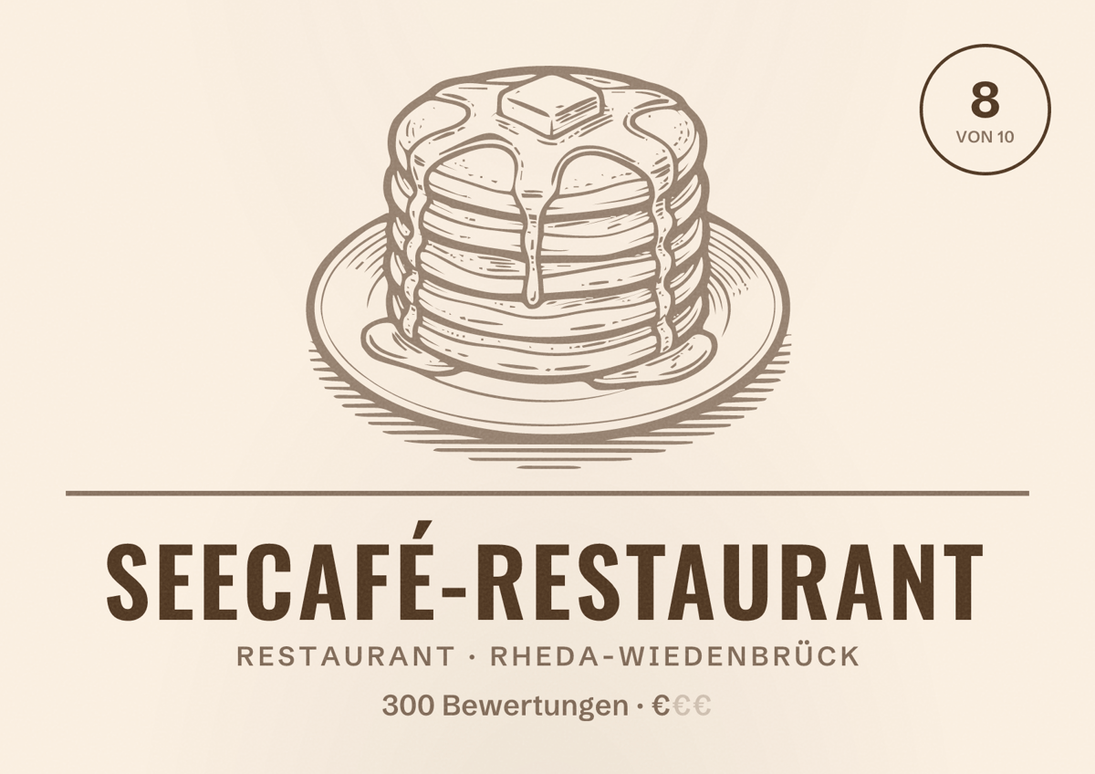 Illustriertes Poster von Seecafé-Restaurant, Restaurant in Rheda-Wiedenbrück: Bewertung 8 von 10 aus 300 Bewertungen, Preisniveau €