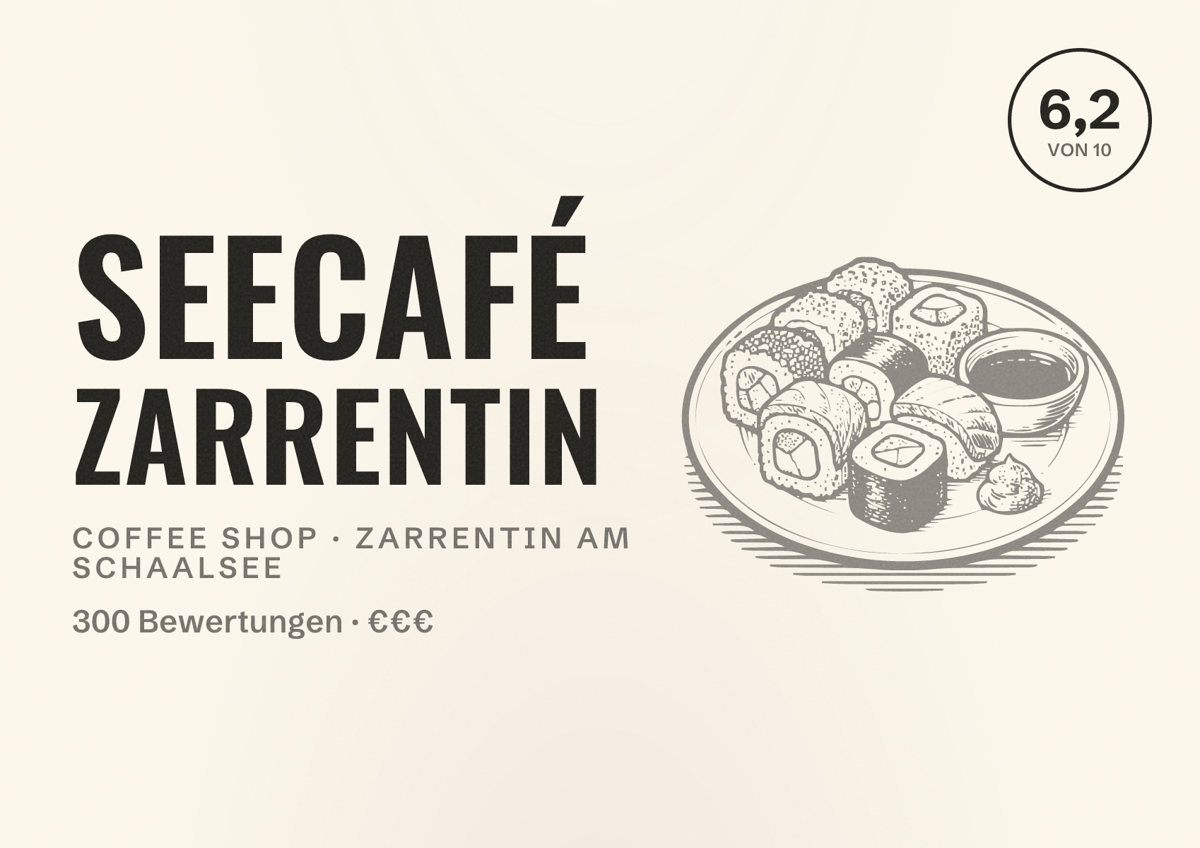 Illustriertes Poster von Seecafé Zarrentin, Coffee Shop in Zarrentin am Schaalsee: Bewertung 6,2 von 10 aus 300 Bewertungen, Preisniveau €€€