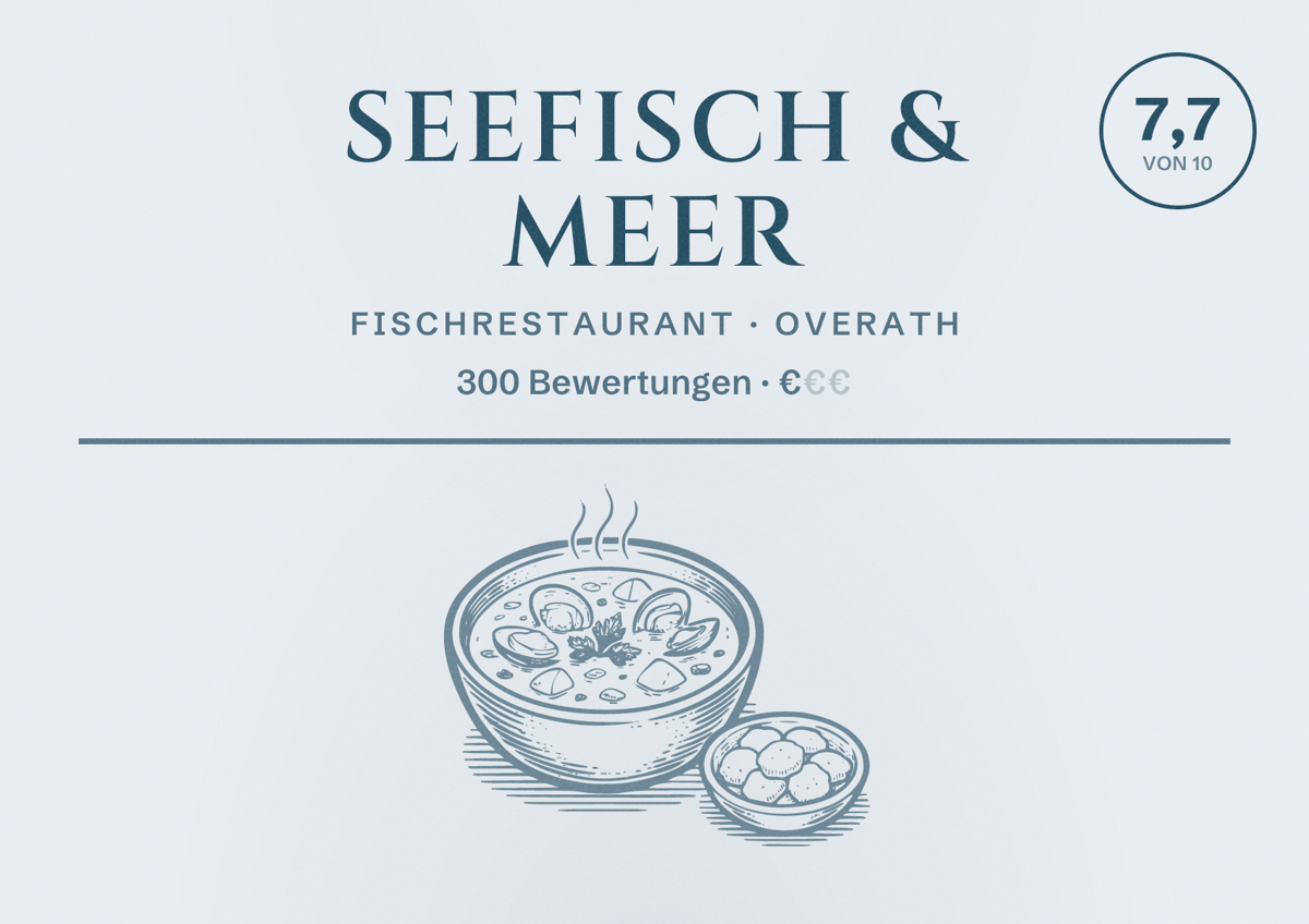 Illustriertes Poster von Seefisch & Meer, Fischrestaurant in Overath: Bewertung 7,7 von 10 aus 300 Bewertungen, Preisniveau €