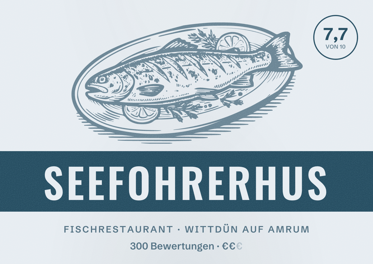 Illustriertes Poster von Seefohrerhus, Fischrestaurant in Wittdün auf Amrum: Bewertung 7,7 von 10 aus 300 Bewertungen, Preisniveau €€