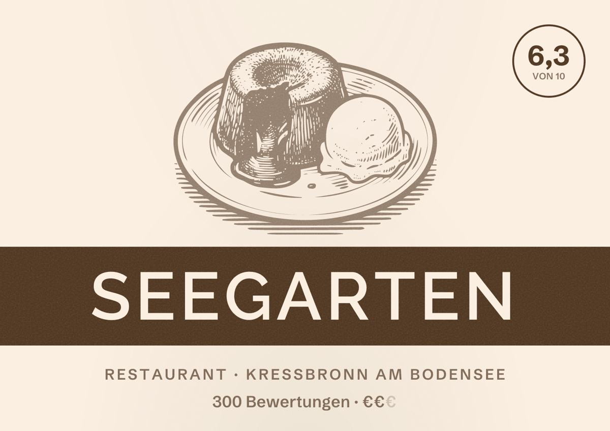 Illustriertes Poster von Seegarten, Restaurant in Kressbronn am Bodensee: Bewertung 6,3 von 10 aus 300 Bewertungen, Preisniveau €€