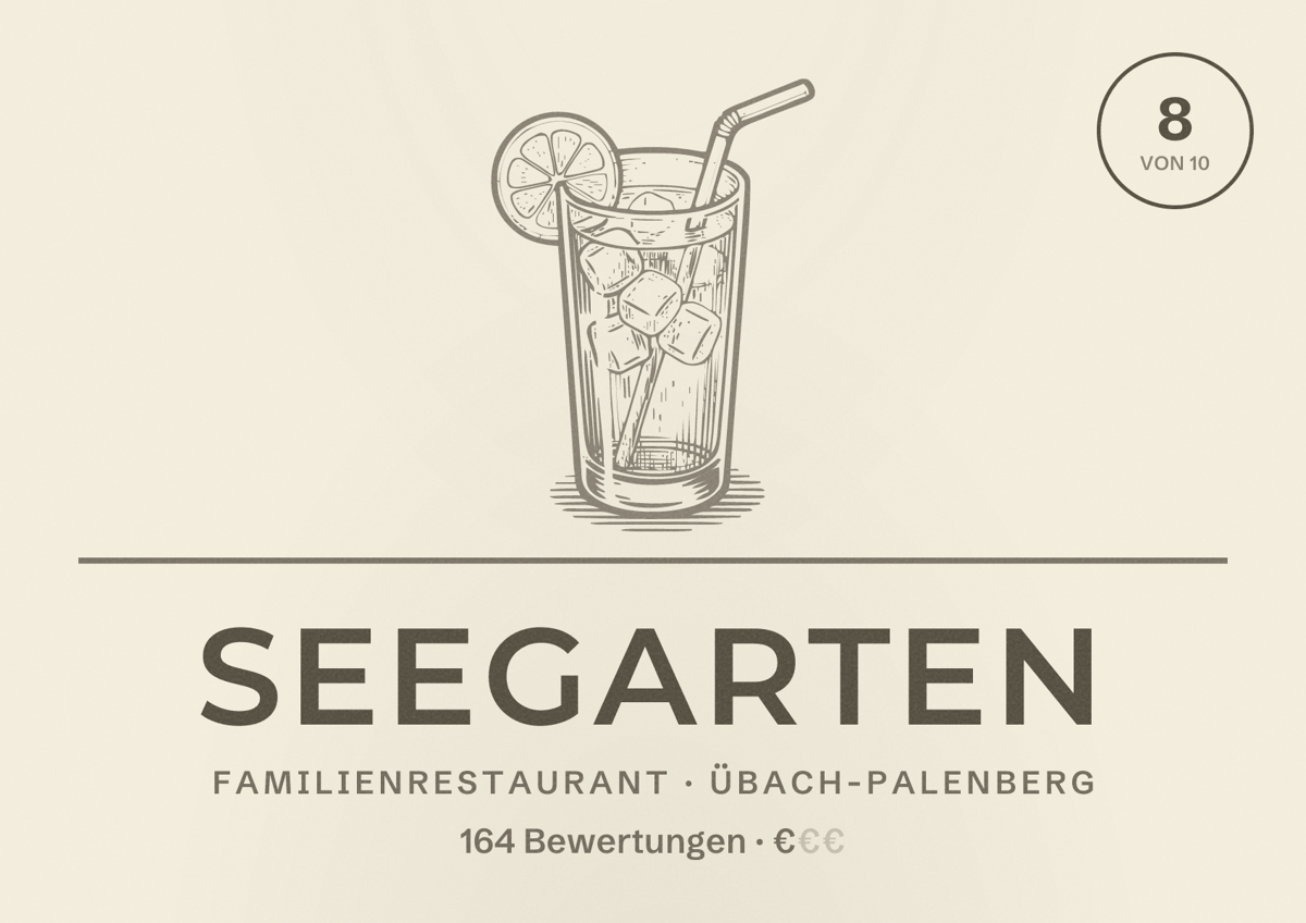 Illustriertes Poster von Seegarten, Familienrestaurant in Übach-Palenberg: Bewertung 8 von 10 aus 164 Bewertungen, Preisniveau €