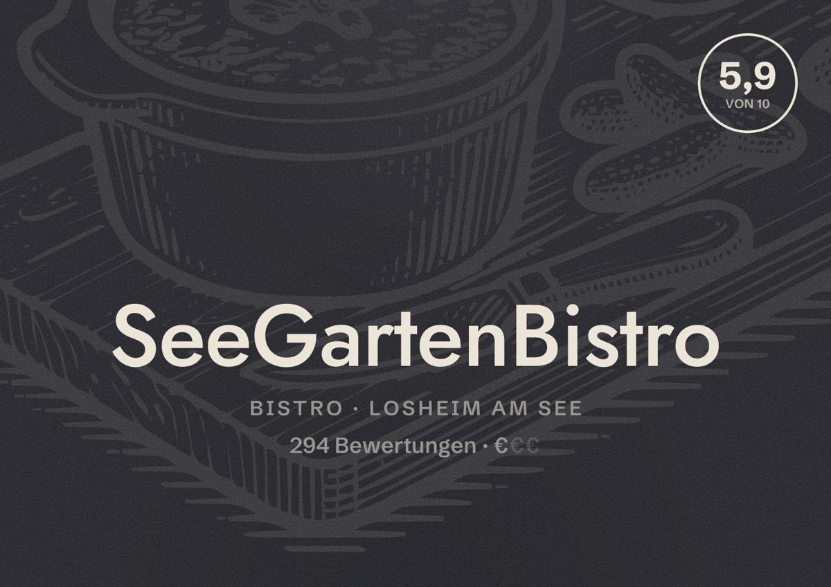 Illustriertes Poster von SeeGartenBistro, Bistro in Losheim am See: Bewertung 5,9 von 10 aus 294 Bewertungen, Preisniveau €