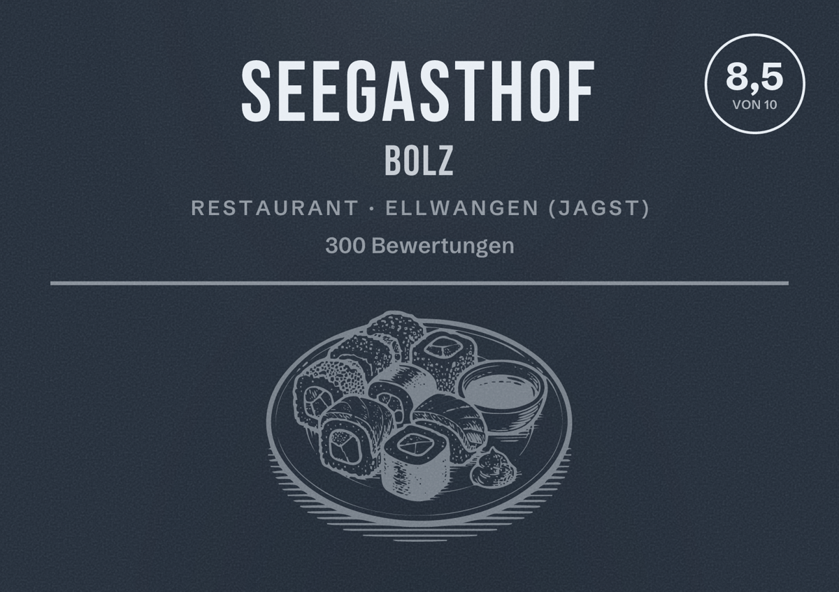 Illustriertes Poster von Seegasthof Bolz, Restaurant in Ellwangen (Jagst): Bewertung 8,5 von 10 aus 300 Bewertungen