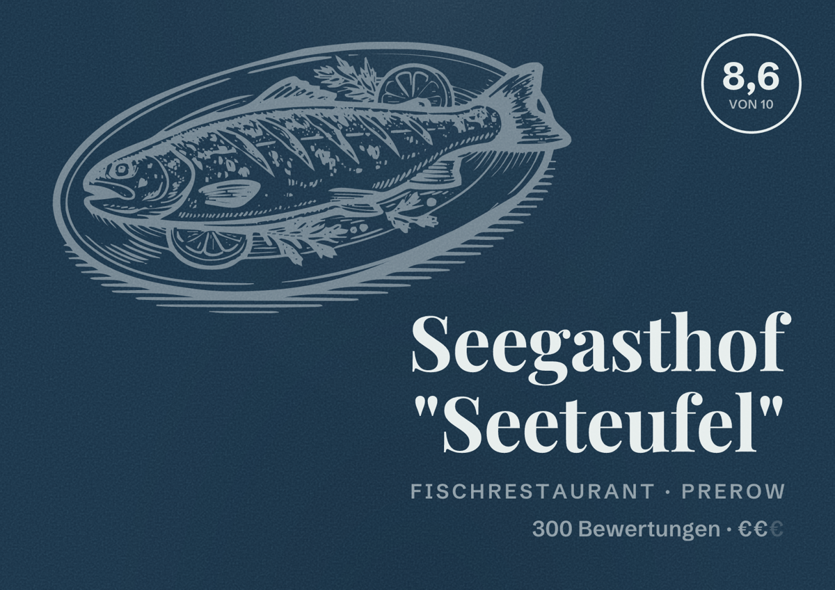 Illustriertes Poster von Seegasthof "Seeteufel", Fischrestaurant in Prerow: Bewertung 8,6 von 10 aus 300 Bewertungen, Preisniveau €€