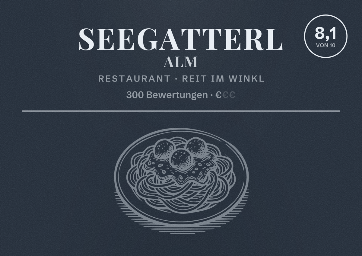 Illustriertes Poster von Seegatterl Alm, Restaurant in Reit im Winkl: Bewertung 8,1 von 10 aus 300 Bewertungen, Preisniveau €