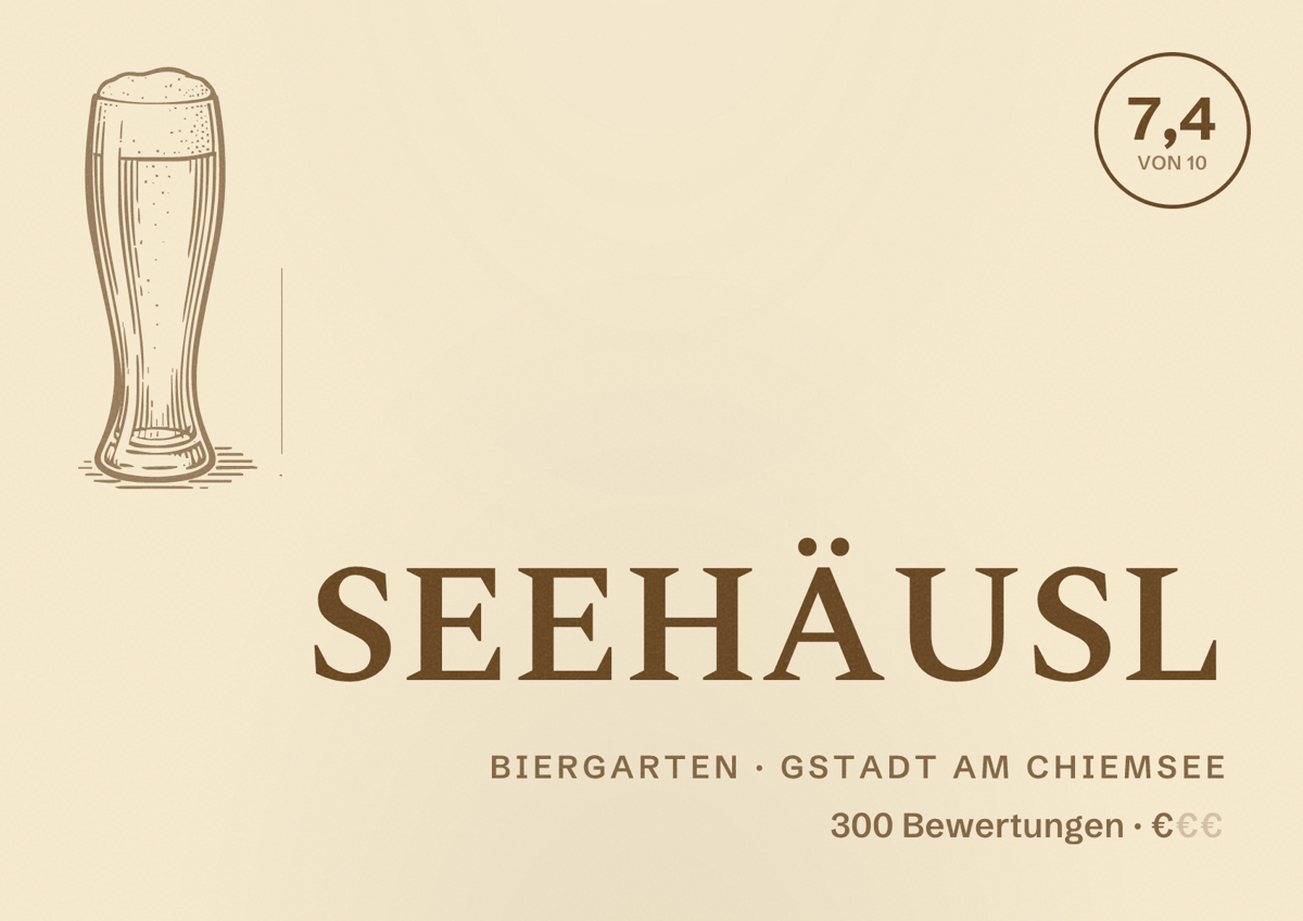 Illustriertes Poster von SEEHÄUSL, Biergarten in Gstadt am Chiemsee: Bewertung 7,4 von 10 aus 300 Bewertungen, Preisniveau €