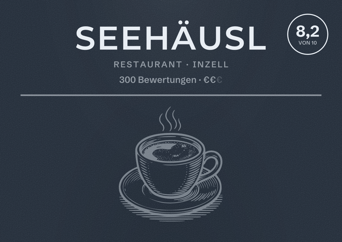Illustriertes Poster von Seehäusl, Restaurant in Inzell: Bewertung 8,2 von 10 aus 300 Bewertungen, Preisniveau €€