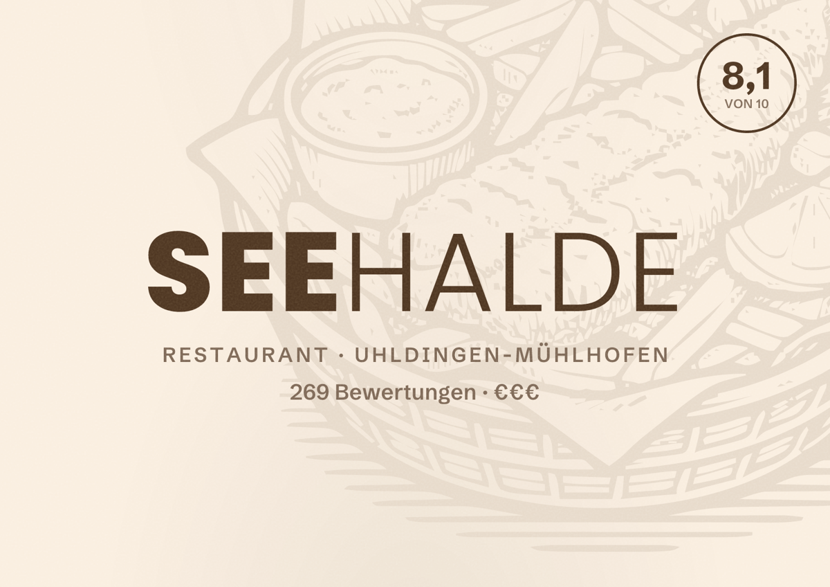 Illustriertes Poster von Seehalde, Restaurant in Uhldingen-Mühlhofen: Bewertung 8,1 von 10 aus 269 Bewertungen, Preisniveau €€€