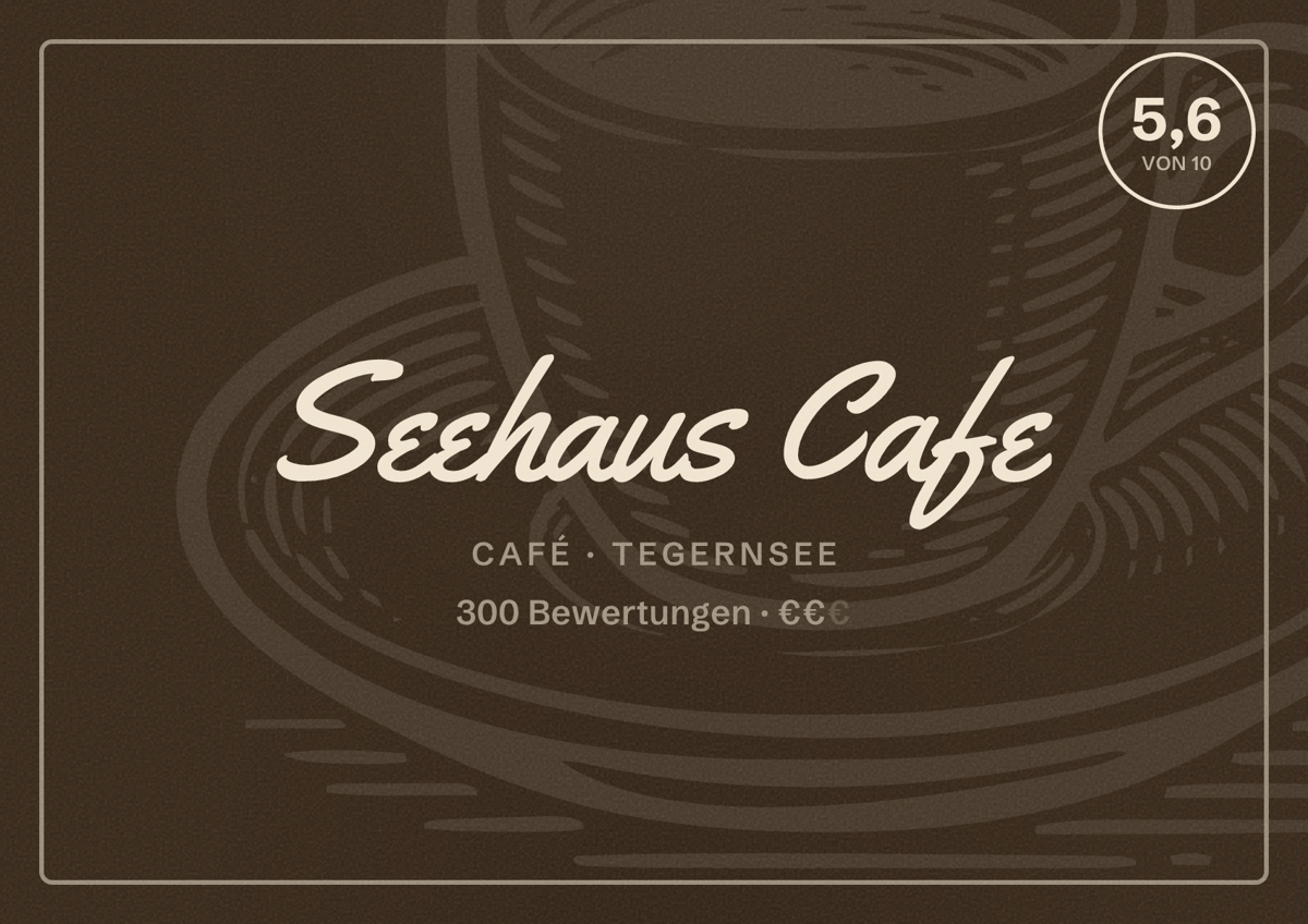 Illustriertes Poster von Seehaus Cafe, Café in Tegernsee: Bewertung 5,6 von 10 aus 300 Bewertungen, Preisniveau €€