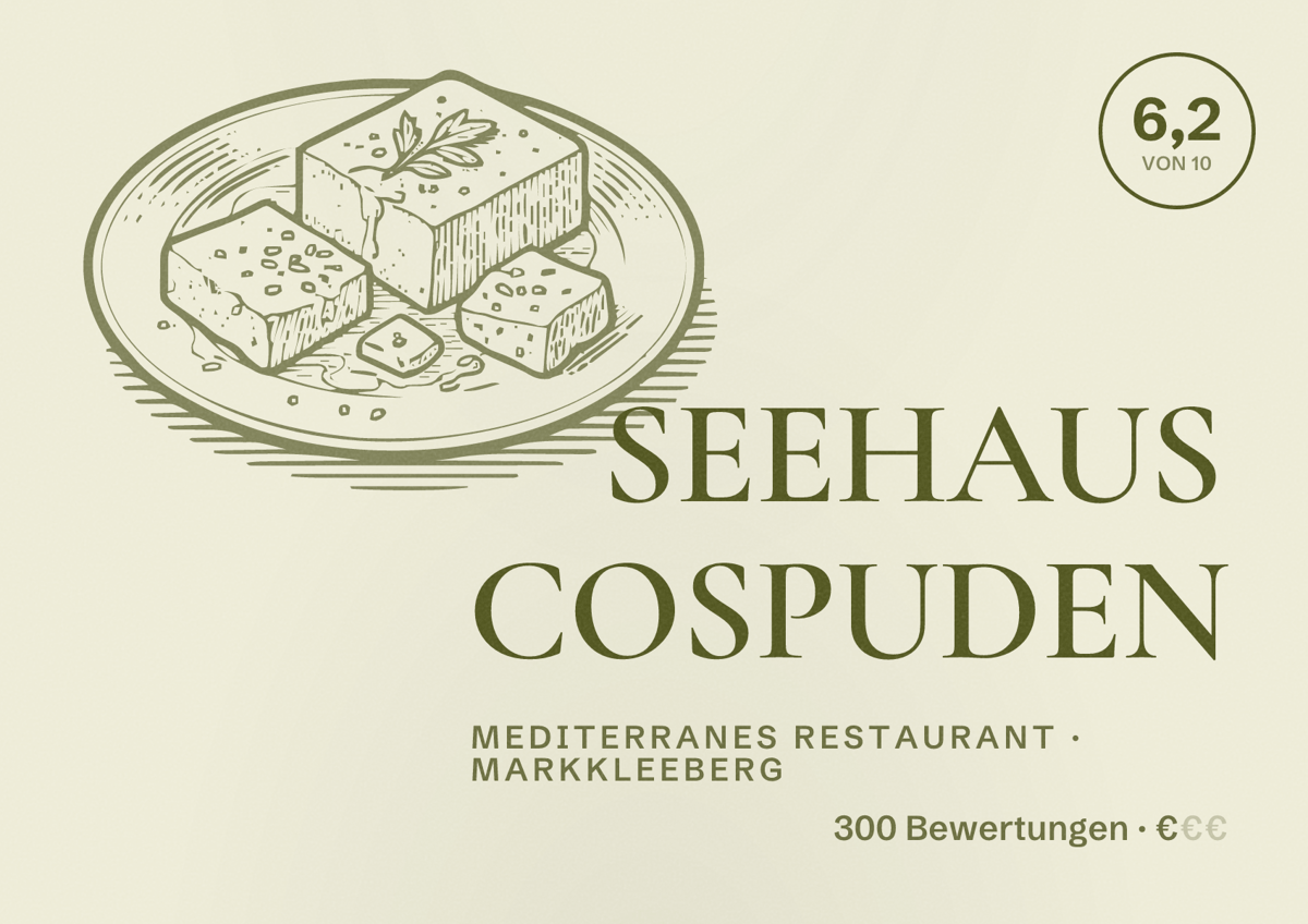 Illustriertes Poster von SEEHAUS COSPUDEN, Mediterranes Restaurant in Markkleeberg: Bewertung 6,2 von 10 aus 300 Bewertungen, Preisniveau €