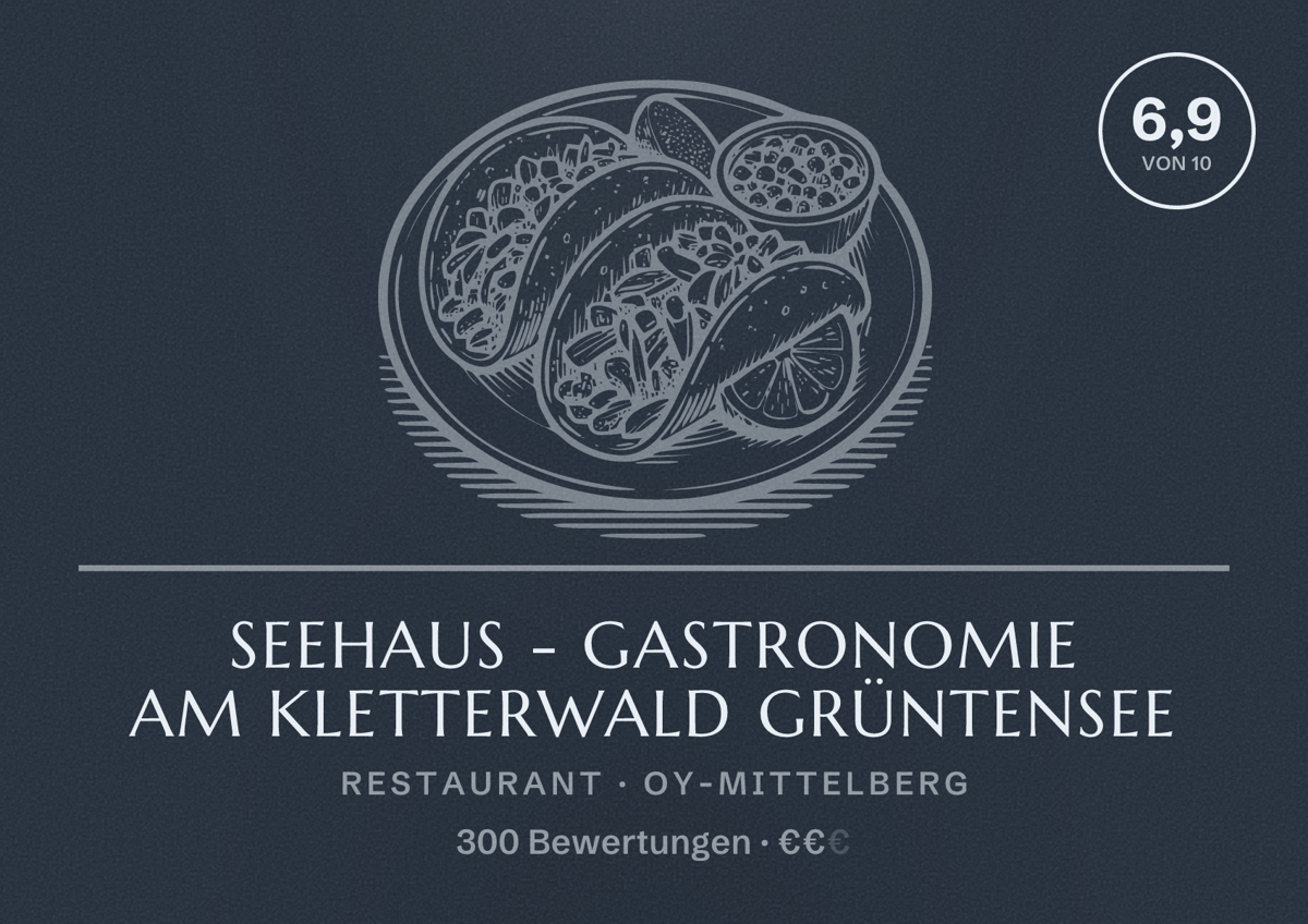 Illustriertes Poster von Seehaus - Gastronomie am Kletterwald Grüntensee, Restaurant in Oy-Mittelberg: Bewertung 6,9 von 10 aus 300 Bewertungen, Preisniveau €€