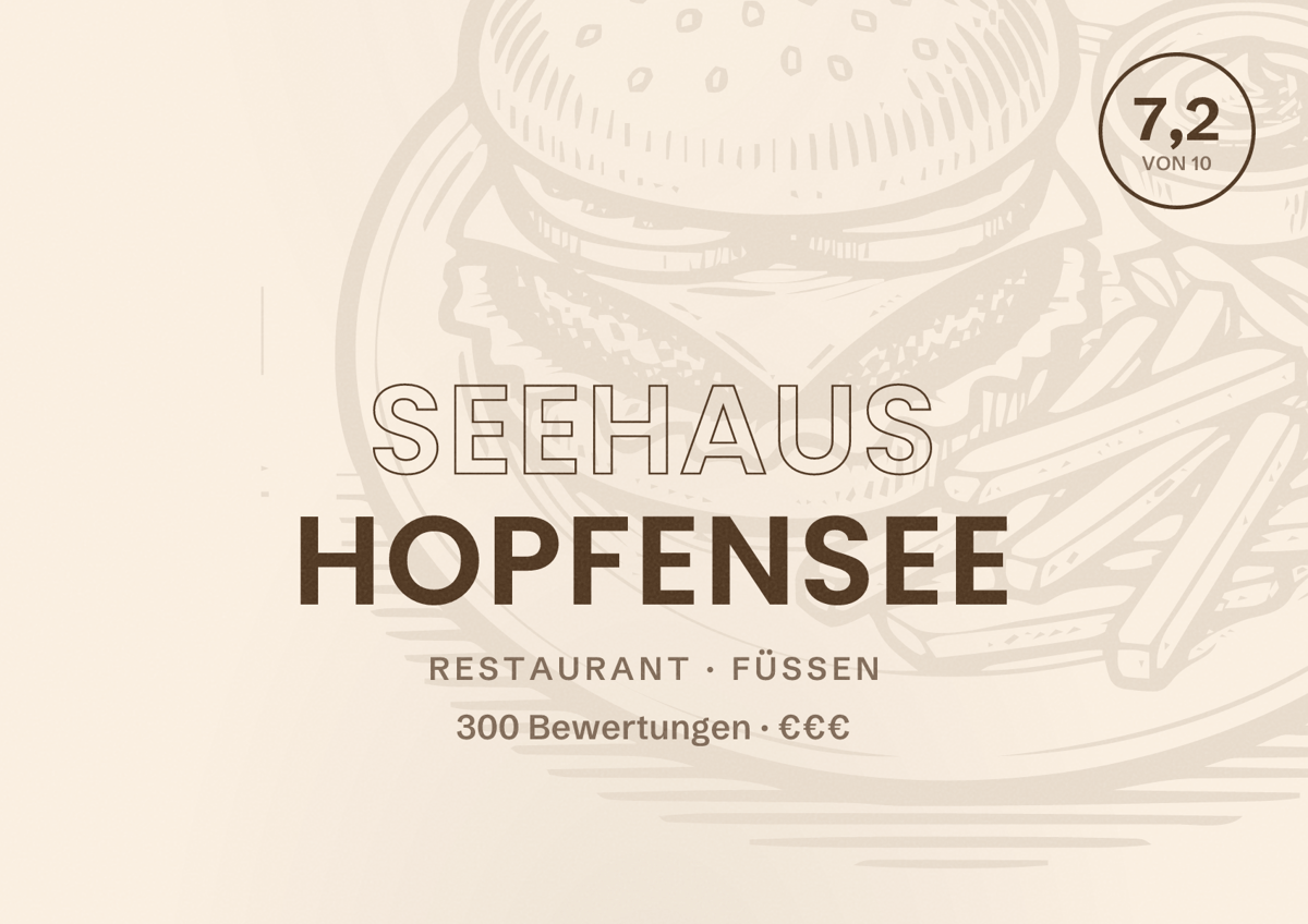 Illustriertes Poster von Seehaus Hopfensee, Restaurant in Füssen: Bewertung 7,2 von 10 aus 300 Bewertungen, Preisniveau €€€