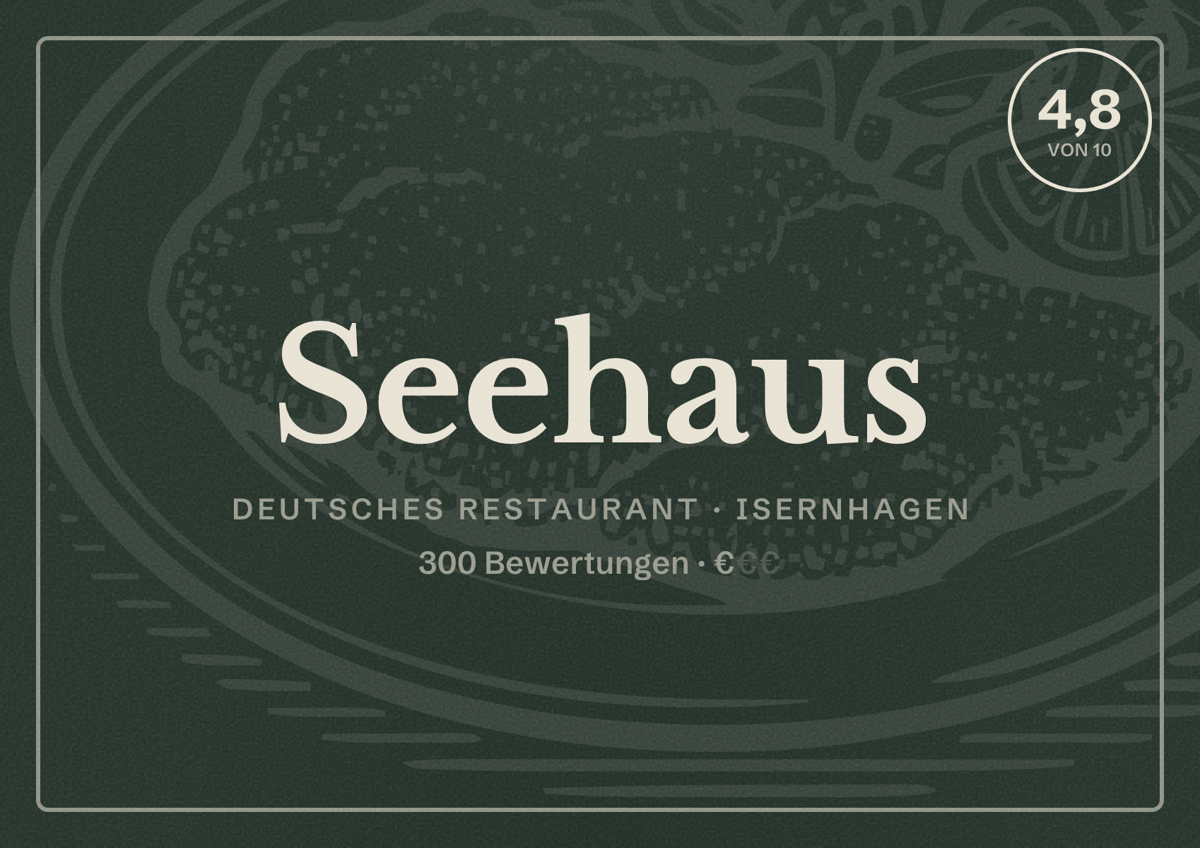 Illustriertes Poster von Seehaus, Deutsches Restaurant in Isernhagen: Bewertung 4,8 von 10 aus 300 Bewertungen, Preisniveau €