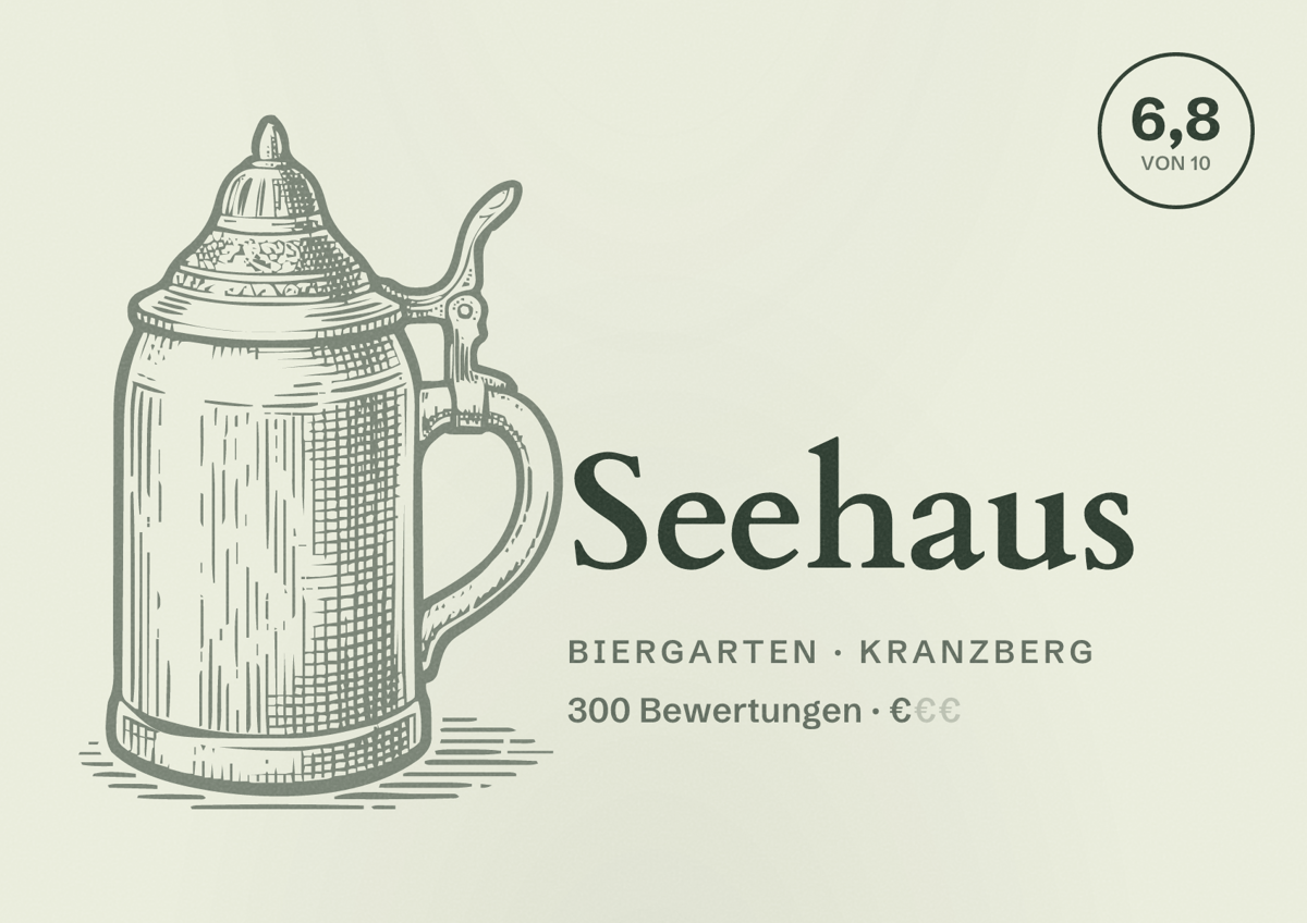 Illustriertes Poster von Seehaus, Biergarten in Kranzberg: Bewertung 6,8 von 10 aus 300 Bewertungen, Preisniveau €