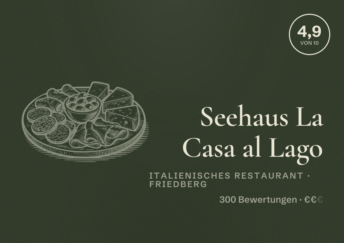 Illustriertes Poster von Seehaus La Casa al Lago, Italienisches Restaurant in Friedberg: Bewertung 4,9 von 10 aus 300 Bewertungen, Preisniveau €€
