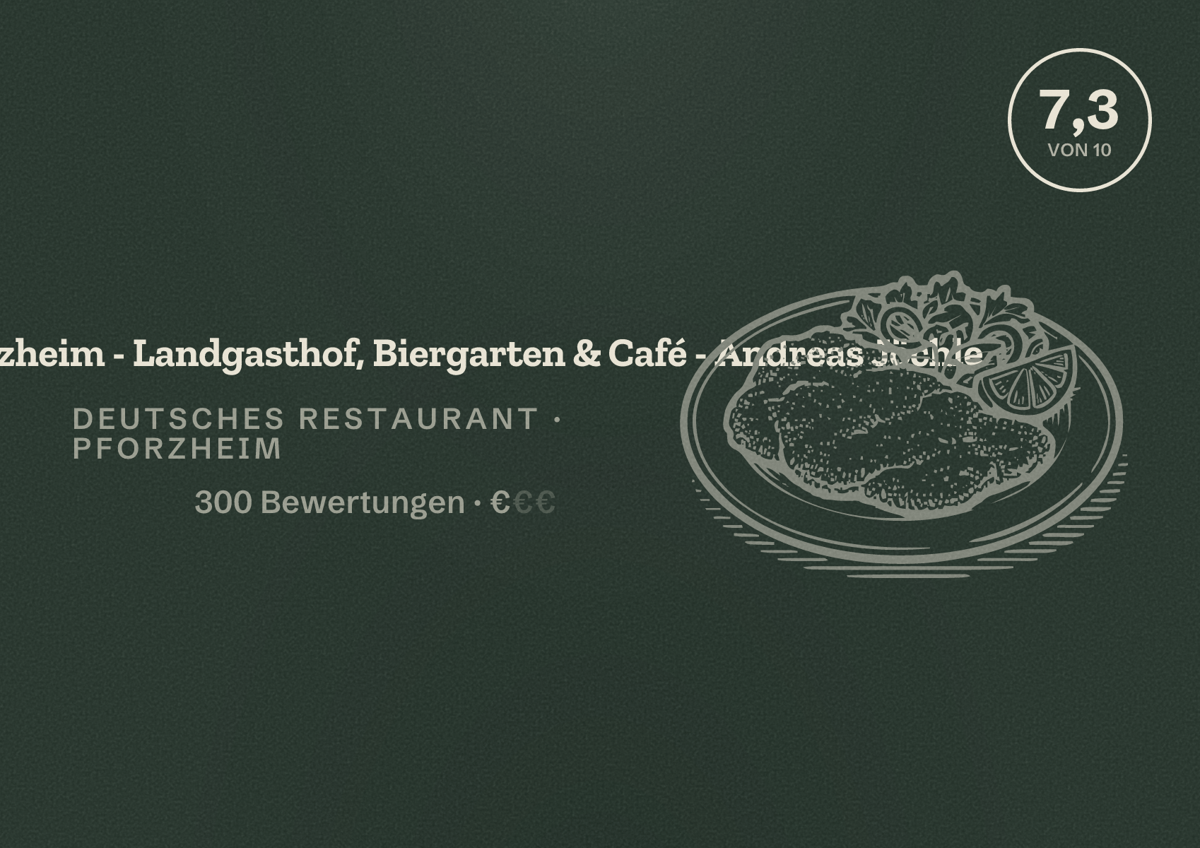 Illustriertes Poster von Seehaus Pforzheim - Landgasthof, Biergarten & Café - Andreas Jöchle, Deutsches Restaurant in Pforzheim: Bewertung 7,3 von 10 aus 300 Bewertungen, Preisniveau €