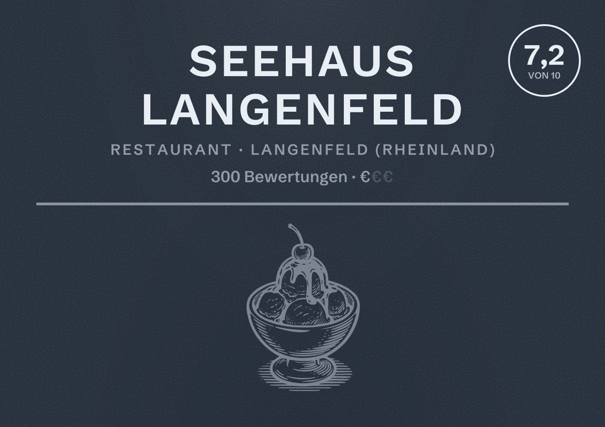 Illustriertes Poster von Seehaus Langenfeld, Restaurant in Langenfeld (Rheinland): Bewertung 7,2 von 10 aus 300 Bewertungen, Preisniveau €