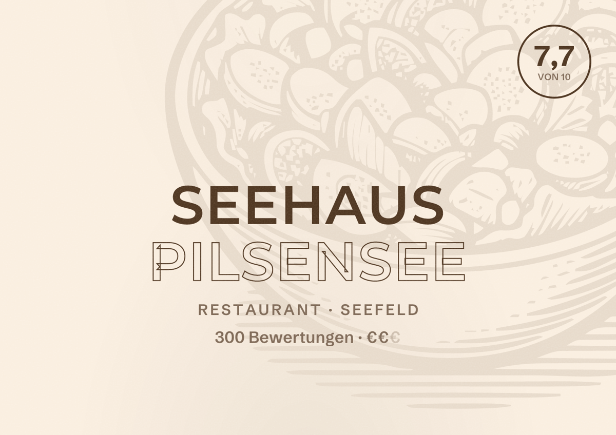 Illustriertes Poster von Seehaus Pilsensee, Restaurant in Seefeld: Bewertung 7,7 von 10 aus 300 Bewertungen, Preisniveau €€