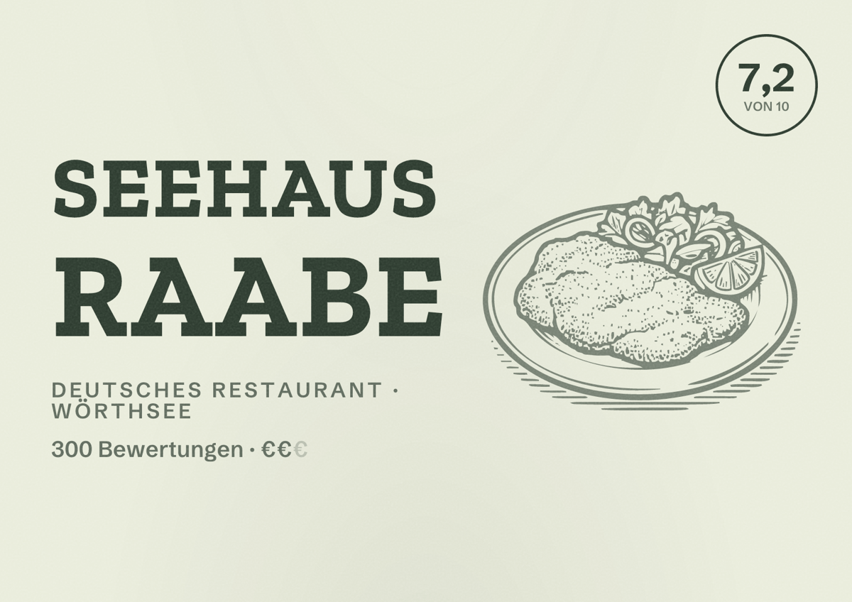 Illustriertes Poster von Seehaus Raabe, Deutsches Restaurant in Wörthsee: Bewertung 7,2 von 10 aus 300 Bewertungen, Preisniveau €€