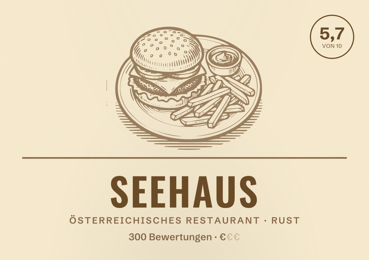 Illustriertes Poster von Seehaus, Österreichisches Restaurant in Rust: Bewertung 5,7 von 10 aus 300 Bewertungen, Preisniveau €