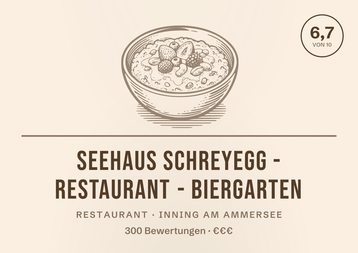 Illustriertes Poster von Seehaus Schreyegg - Restaurant - Biergarten, Restaurant in Inning am Ammersee: Bewertung 6,7 von 10 aus 300 Bewertungen, Preisniveau €€€