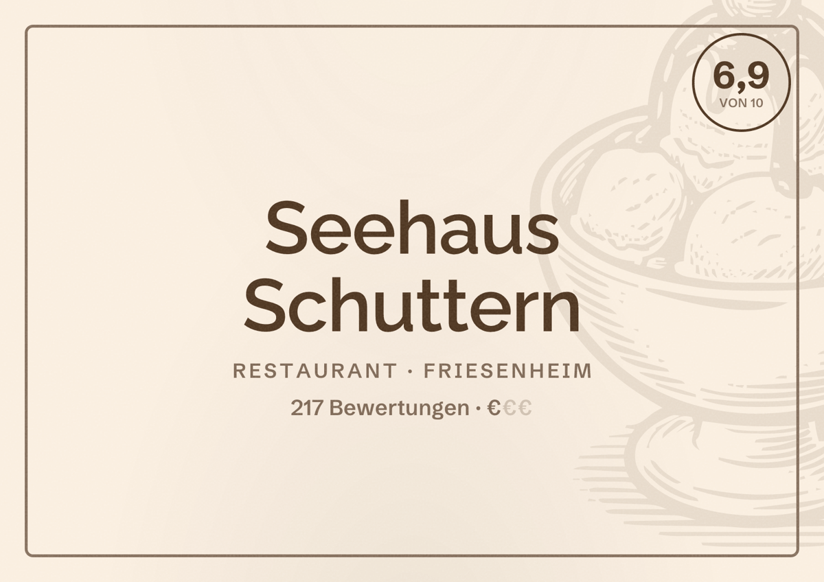 Illustriertes Poster von Seehaus Schuttern, Restaurant in Friesenheim: Bewertung 6,9 von 10 aus 217 Bewertungen, Preisniveau €