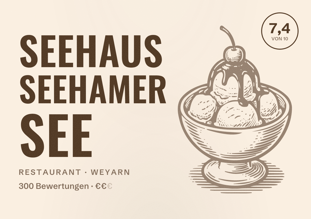 Illustriertes Poster von Seehaus Seehamer See, Restaurant in Weyarn: Bewertung 7,4 von 10 aus 300 Bewertungen, Preisniveau €€