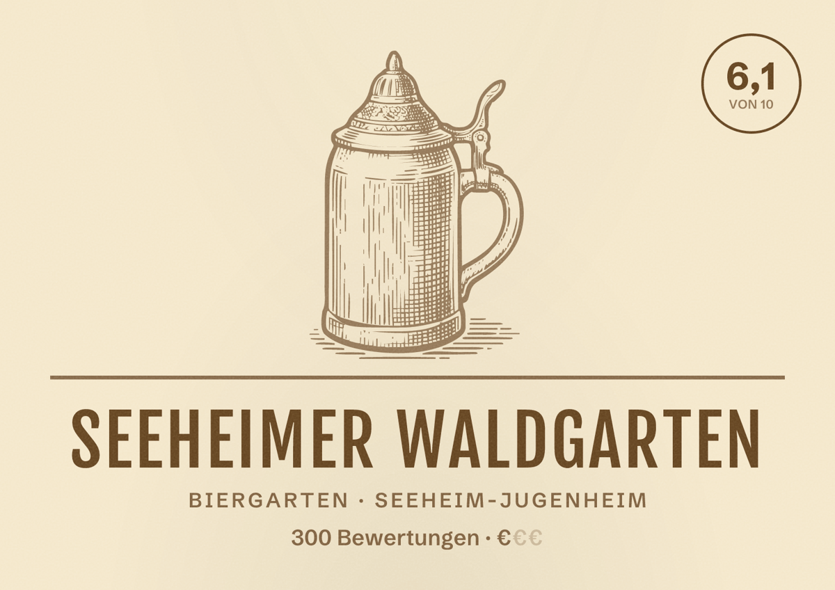 Illustriertes Poster von Seeheimer Waldgarten, Biergarten in Seeheim-Jugenheim: Bewertung 6,1 von 10 aus 300 Bewertungen, Preisniveau €