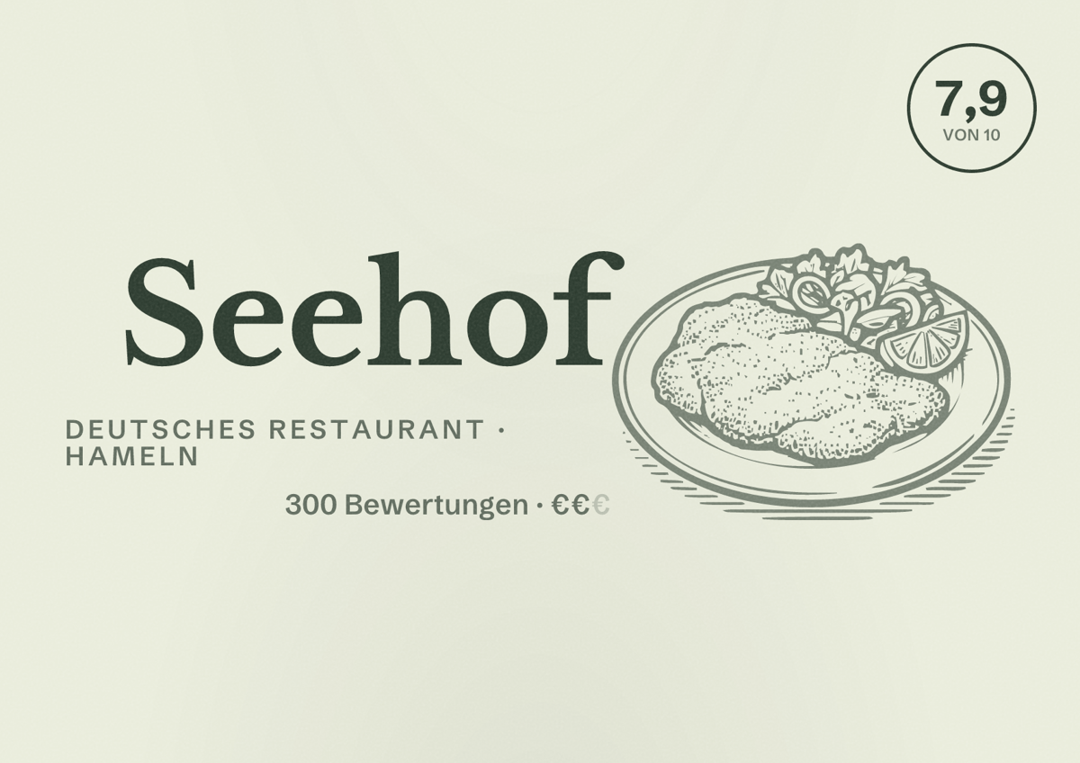 Illustriertes Poster von Seehof, Deutsches Restaurant in Hameln: Bewertung 7,9 von 10 aus 300 Bewertungen, Preisniveau €€