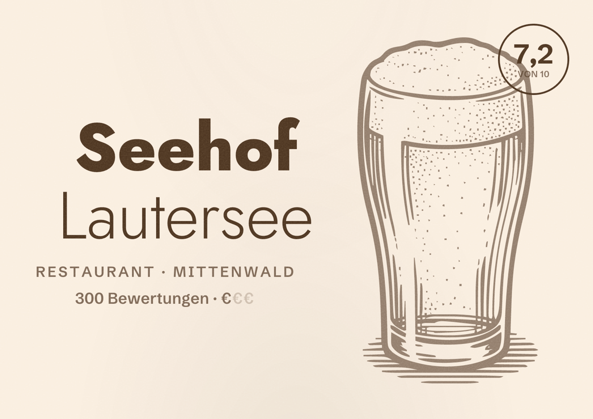 Illustriertes Poster von Seehof Lautersee, Restaurant in Mittenwald: Bewertung 7,2 von 10 aus 300 Bewertungen, Preisniveau €