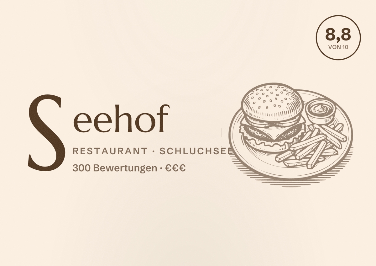 Illustriertes Poster von Seehof, Restaurant in Schluchsee: Bewertung 8,8 von 10 aus 300 Bewertungen, Preisniveau €€€