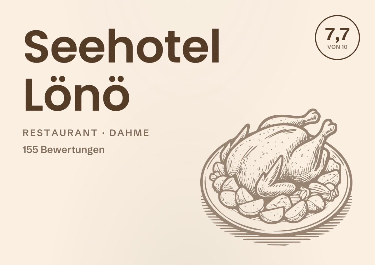 Illustriertes Poster von Seehotel Lönö, Restaurant in Dahme: Bewertung 7,7 von 10 aus 155 Bewertungen