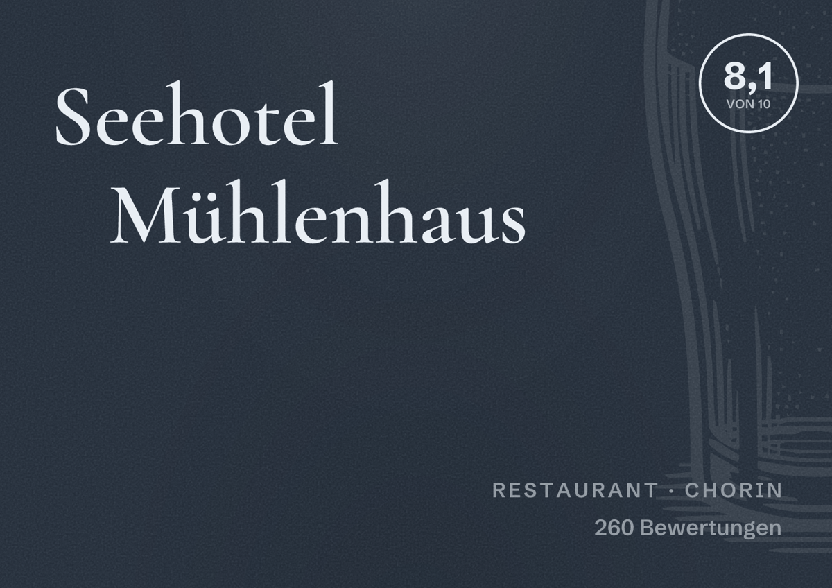 Illustriertes Poster von Seehotel Mühlenhaus, Restaurant in Chorin: Bewertung 8,1 von 10 aus 260 Bewertungen
