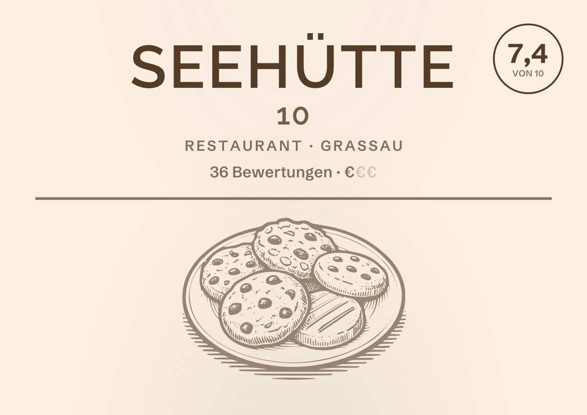 Illustriertes Poster von Seehütte 10, Restaurant in Grassau: Bewertung 7,4 von 10 aus 36 Bewertungen, Preisniveau €