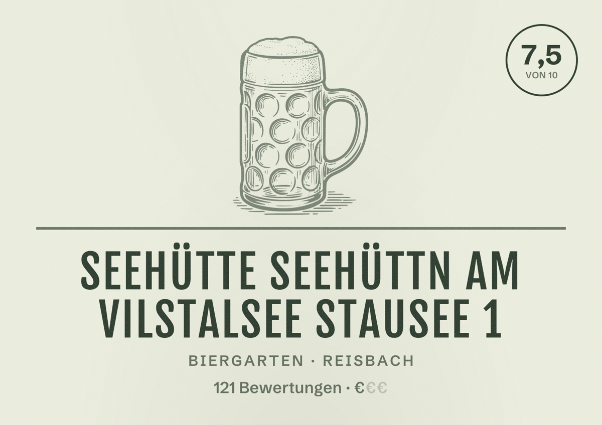 Illustriertes Poster von Seehütte Seehüttn Am Vilstalsee Stausee 1, Biergarten in Reisbach: Bewertung 7,5 von 10 aus 121 Bewertungen, Preisniveau €