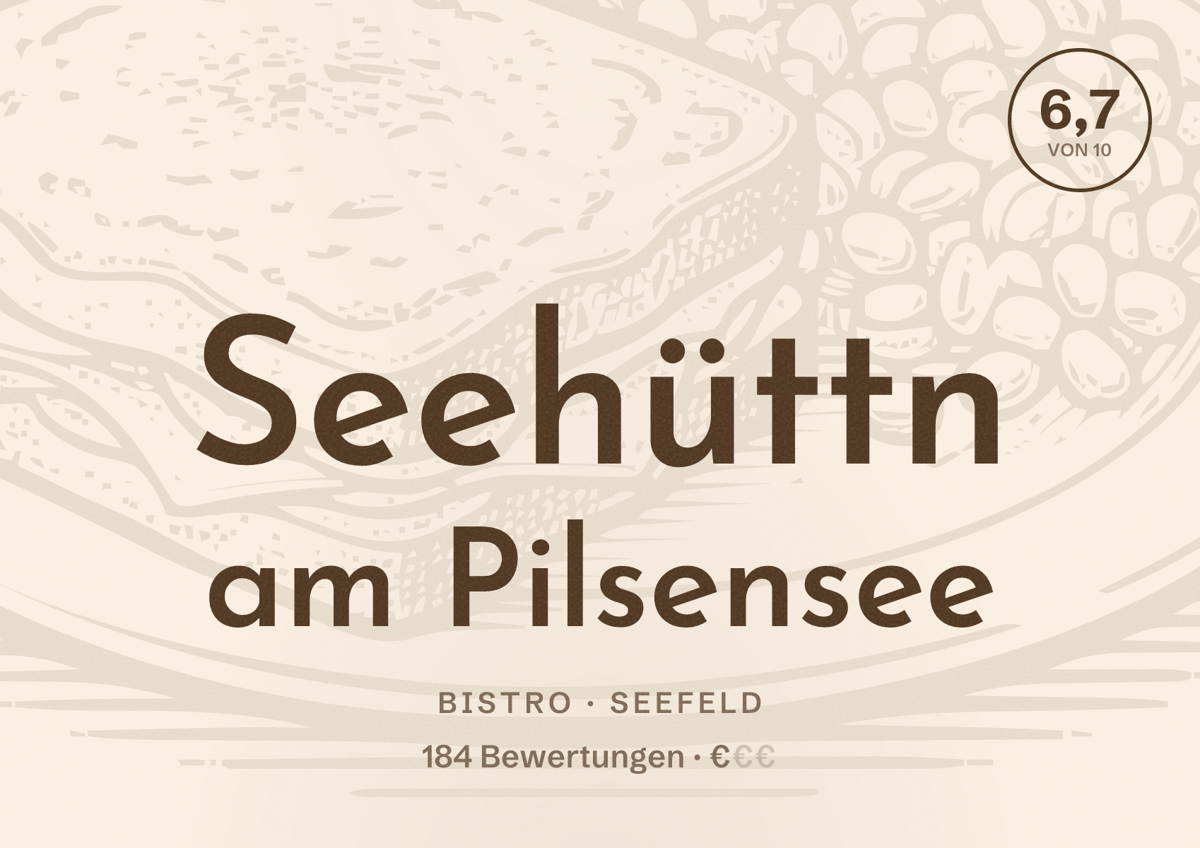 Illustriertes Poster von Seehüttn am Pilsensee, Bistro in Seefeld: Bewertung 6,7 von 10 aus 184 Bewertungen, Preisniveau €