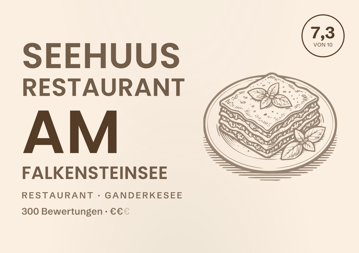 Illustriertes Poster von SeeHuus Restaurant am Falkensteinsee, Restaurant in Ganderkesee: Bewertung 7,3 von 10 aus 300 Bewertungen, Preisniveau €€