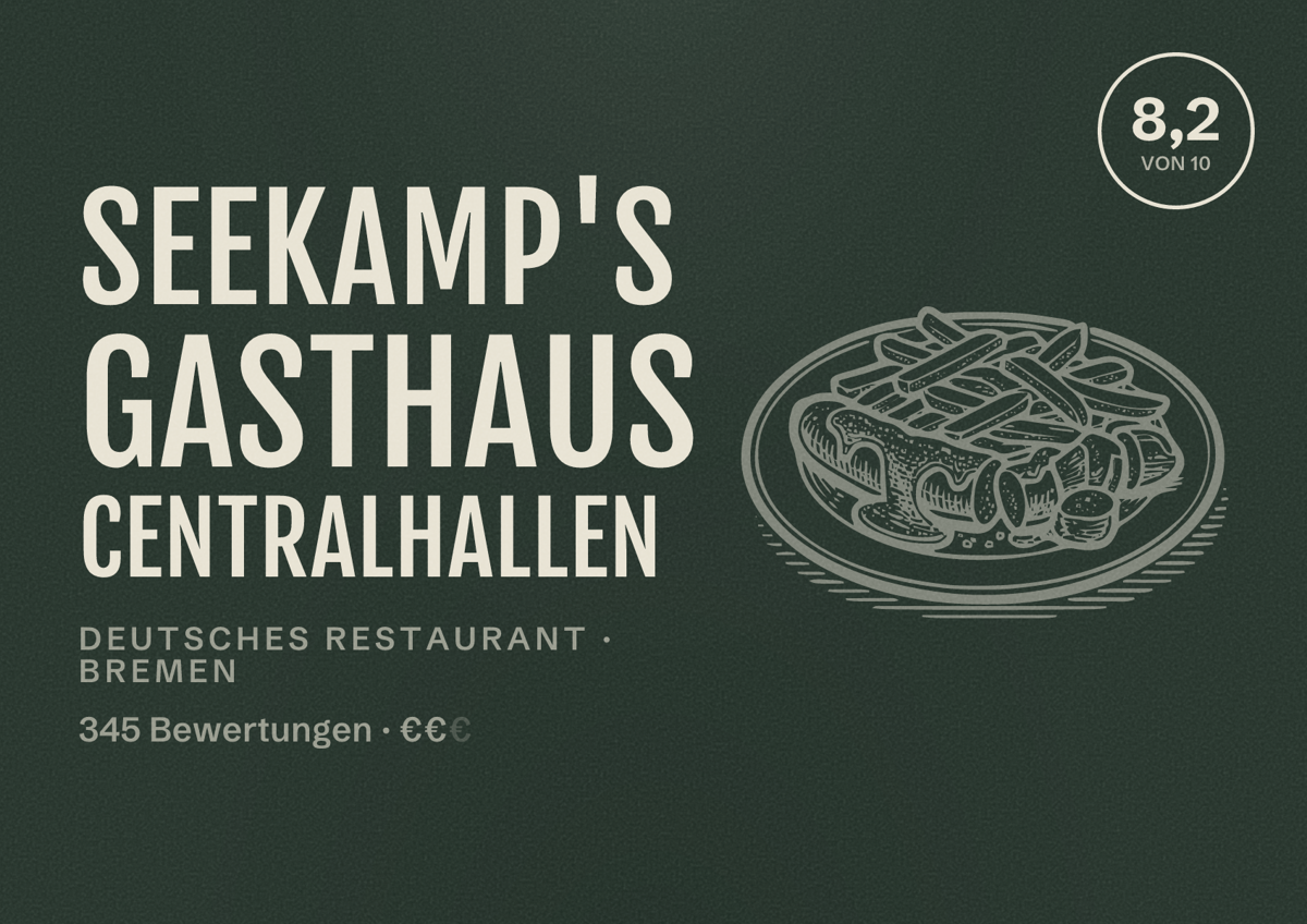 Illustriertes Poster von Seekamp's Gasthaus Centralhallen, Deutsches Restaurant in Bremen: Bewertung 8,2 von 10 aus 345 Bewertungen, Preisniveau €€