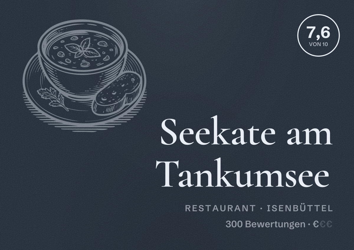 Illustriertes Poster von Seekate am Tankumsee, Restaurant in Isenbüttel: Bewertung 7,6 von 10 aus 300 Bewertungen, Preisniveau €
