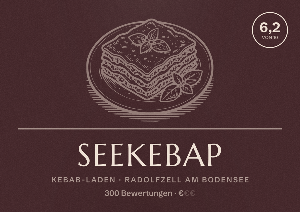 Illustriertes Poster von Seekebap, Kebab-Laden in Radolfzell am Bodensee: Bewertung 6,2 von 10 aus 300 Bewertungen, Preisniveau €
