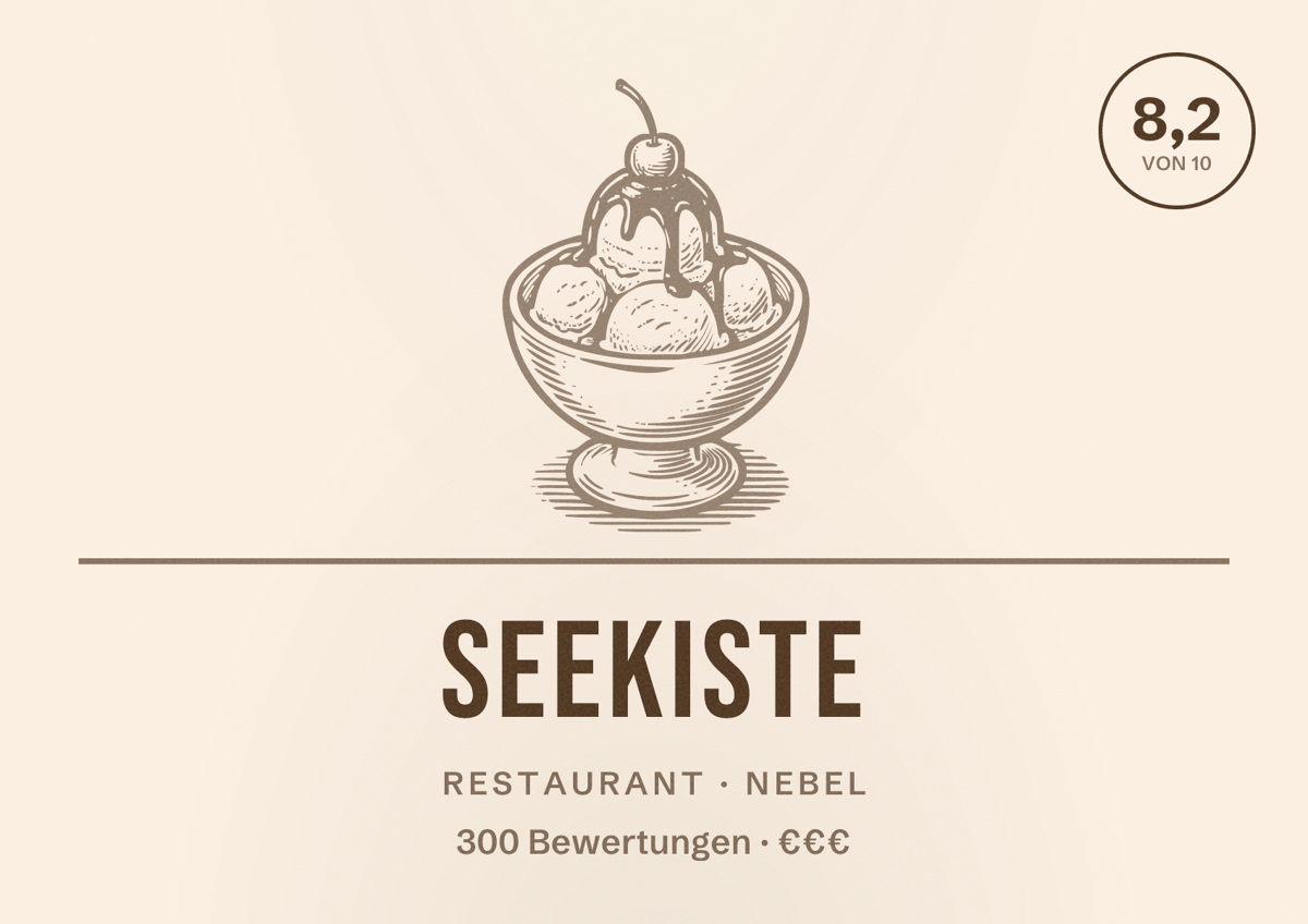 Illustriertes Poster von Seekiste, Restaurant in Nebel: Bewertung 8,2 von 10 aus 300 Bewertungen, Preisniveau €€€