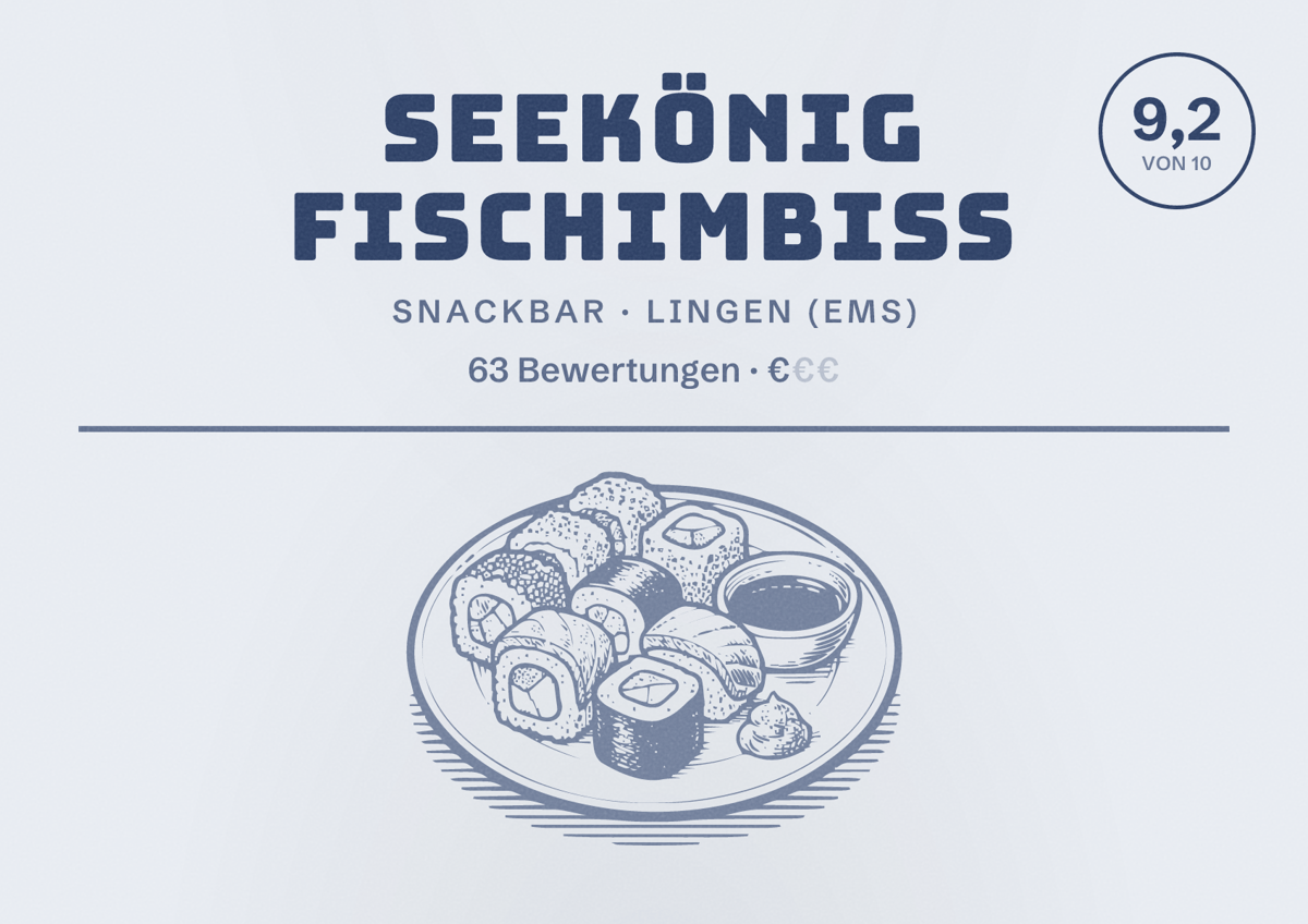 Illustriertes Poster von Seekönig Fischimbiss, Snackbar in Lingen (Ems): Bewertung 9,2 von 10 aus 63 Bewertungen, Preisniveau €